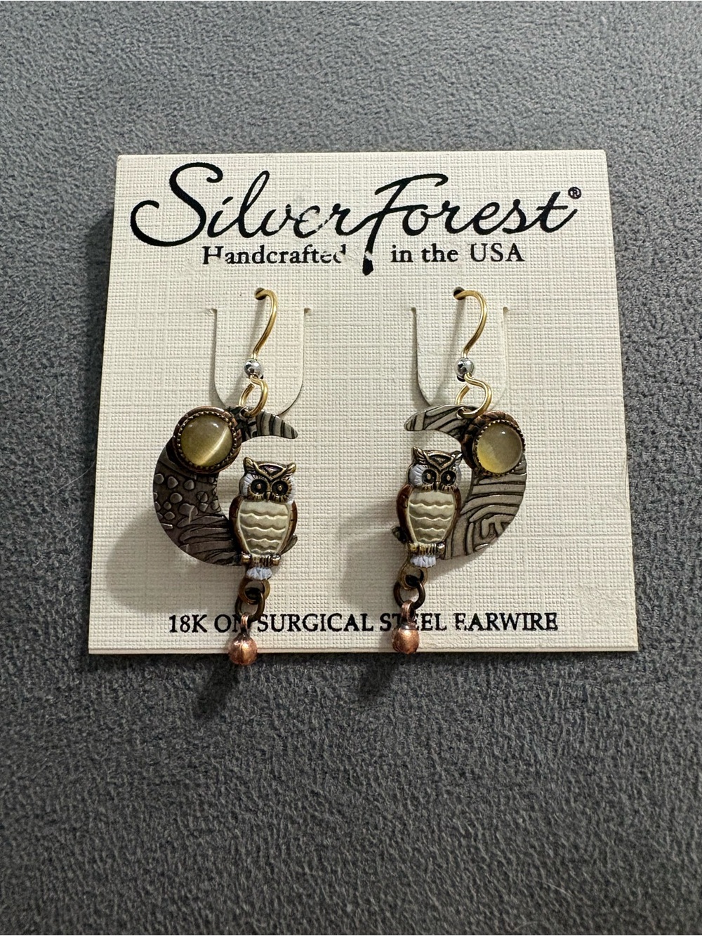 Silver Forest Owl On Crescent Moon Earrings 18K Over Surgical Steel Made In USA